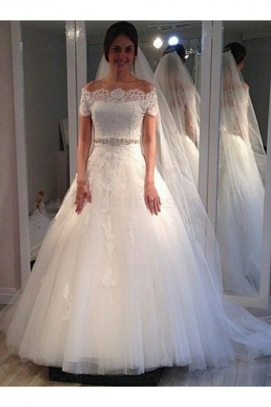 Ball Gown Off-the-shoulder Short Sleeve Lace Wedding Dress
