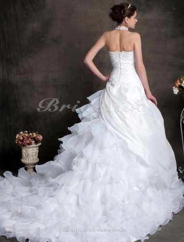Ball Gown Chapel Train Organza Tiered High Neck Wedding Gown