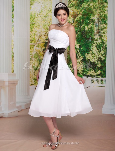 A-line Over Elastic Woven Satin Tea-length Chiffon Strapless Wedding Dress with Ribbon