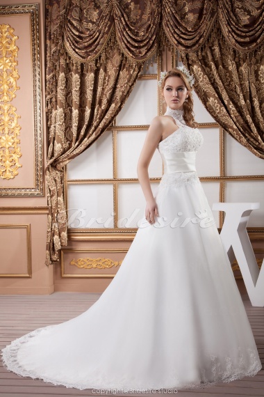 A-line Halter Floor-length Court Train Sleeveless Satin Lace Wedding Dress