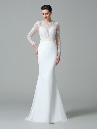 Trumpet/Mermaid Jewel Long Sleeve Chiffon Wedding Dress