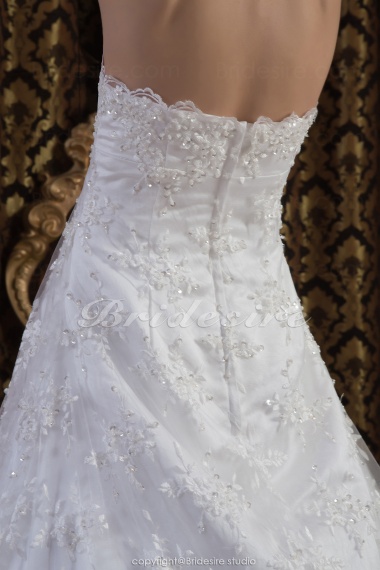 A-line Strapless Floor-length Court Train Sleeveless Satin Lace Wedding Dress