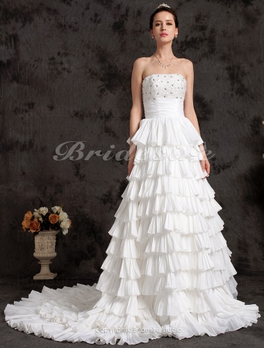 Ball Gown Beading Cascading Ruffles Sashes/Ribbons Strapless Crystal Flower(s) Chapel Train Wedding Dress