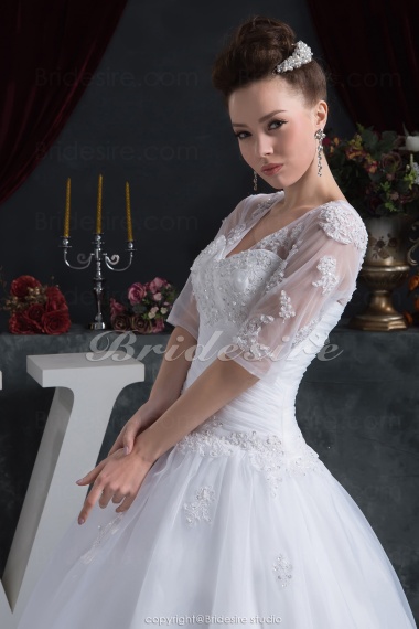 Princess V-neck Floor-length Half Sleeve Satin Chiffon Wedding Dress