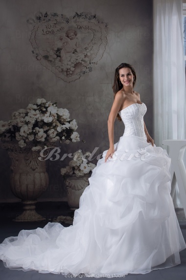 Ball Gown Strapless Chapel Train Sleeveless Organza Wedding Dress