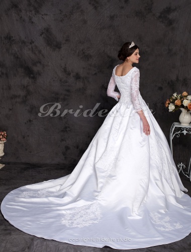 Ball Gown Luxury Cathedral Train Long Sleeves Wedding Dress With Beaded Appliques