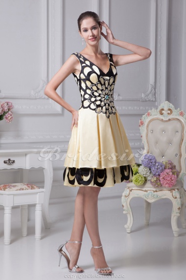 A-line V-neck Knee-length Sleeveless Satin Dress