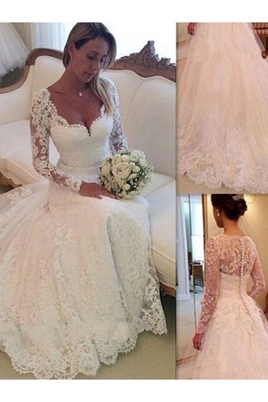 Ball Gown V-neck Long Sleeve Tulle Wedding Dress