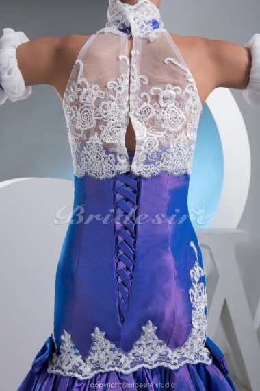 A-line High Neck Floor-length Short Sleeve Taffeta Organza Dress