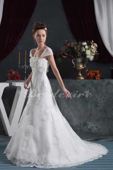 A-line Strapless Floor-length Sweep Train Short Sleeve Satin Lace Wedding Dress