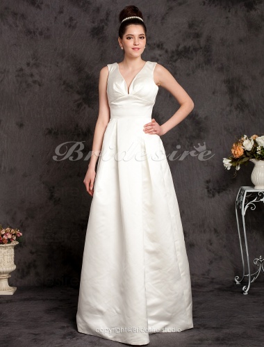 A-line Satin Floor-length V-neck Wedding Dress
