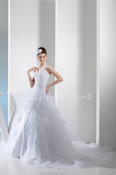 Ball Gown Halter Chapel Train Sleeveless Organza Wedding Dress