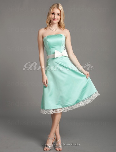 A-line Satin Lace Knee-length Strapless Bridesmaid Dress