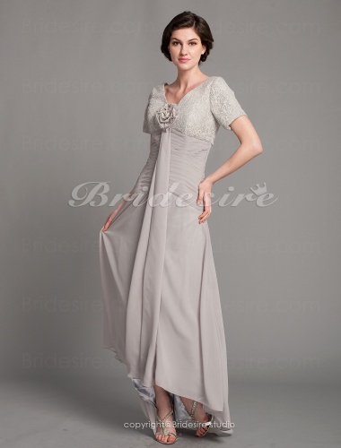 A-line Asymmetrical V-neck Chiffon And Lace Mother of the Bride Dress With A Wrap