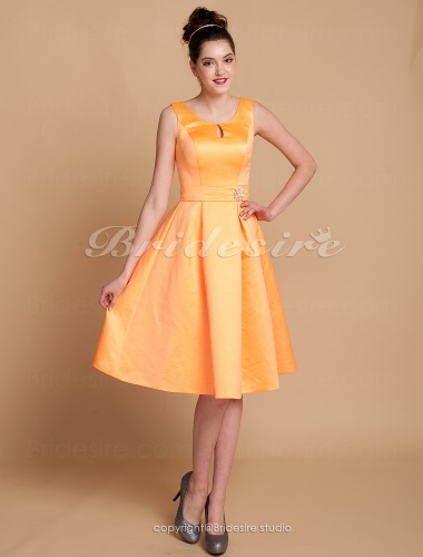 A-line Satin Knee-length Jewel Bridesmaid Dress
