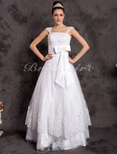 A-line Luxury Floor-length Sleeveless Off-the-shoulder Tulle Wedding Dress
