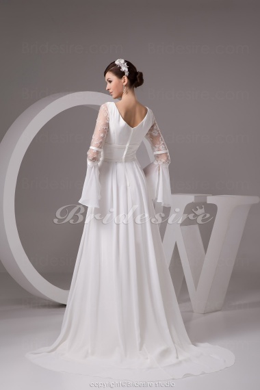 A-line V-neck Floor-length Sweep Train Long Sleeve Chiffon Satin Wedding Dress