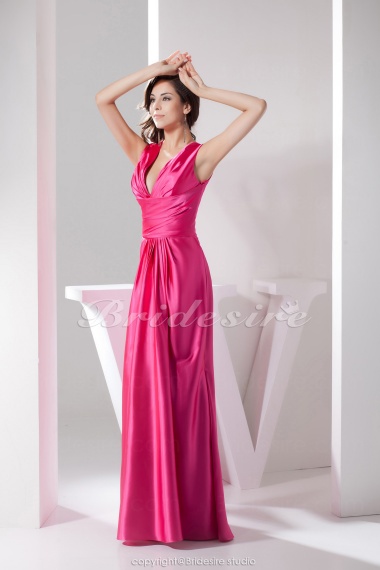 A-line V-neck Floor-length Sleeveless Satin Bridesmaid Dress