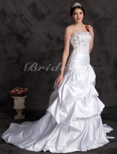 A-line Cathedral Train Embroidery Satin Strapless Wedding Dress