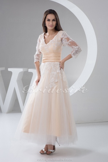 Princess V-neck Tea-length Sleeveless Tulle Taffeta Dress