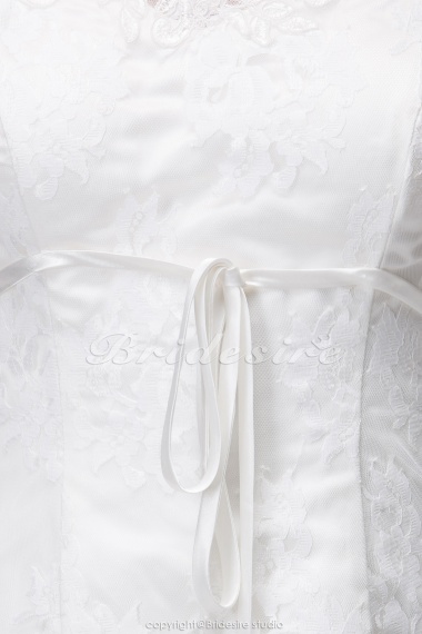 A-line V-neck Court Train Sleeveless Satin Lace Wedding Dress