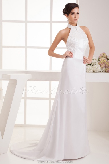A-line Halter Floor-length Court Train Sleeveless Satin Wedding Dress