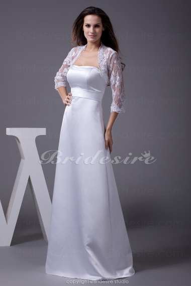 A-line Strapless Floor-length 3/4 Length Sleeve Lace Satin Wedding Dress