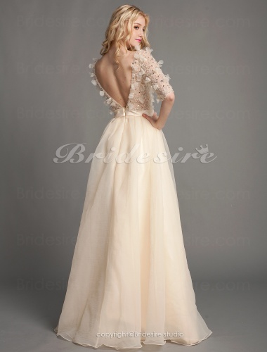 A-line Floor-length Off-the-shoulder Luxurious Tulle Over Chiffon Dresses