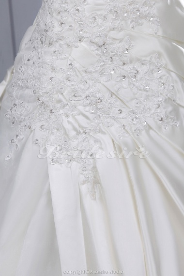Ball Gown One Shoulder Chapel Train Sleeveless Satin Lace Wedding Dress