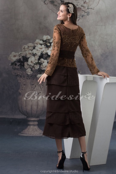 Sheath/Column Square Tea-length Long Sleeve Chiffon Lace Mother of the Bride Dress