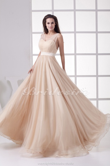 A-line V-neck Floor-length Sleeveless Tulle Dress