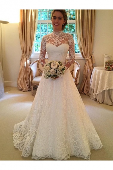 Ball Gown High Neck Long Sleeve Lace Wedding Dress