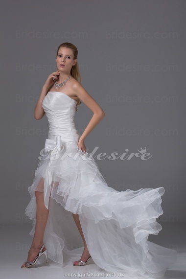 A-line Strapless Asymmetrical Sweep Train Sleeveless Taffeta Organza Wedding Dress