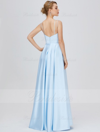 A-line V-neck Floor-length Sleeveless Satin Evening Dress