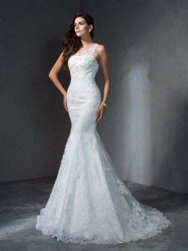 Trumpet/Mermaid Scoop Sleeveless Lace Wedding Dress