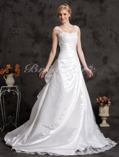 A-line/ Princess Taffeta Lace Court Train Off-the-shoulder Wedding Dress