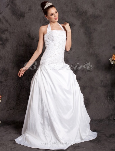 A-line Court Train Halter Wedding Dress With Beaded Appliques