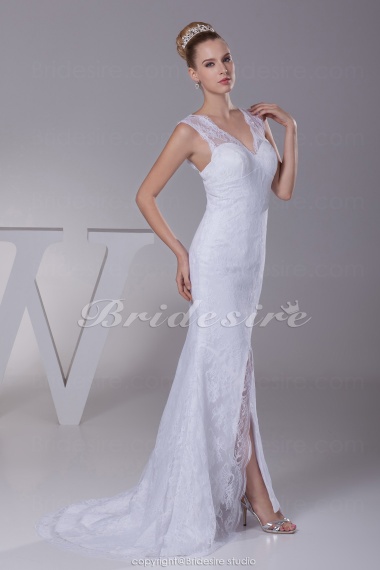 Trumpet/Mermaid V-neck Sweep/Brush Train Sleeveless Satin Lace Wedding Dress