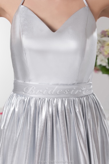 A-line Halter Tea-length Sleeveless Elastic Silk-like Satin Bridesmaid Dress
