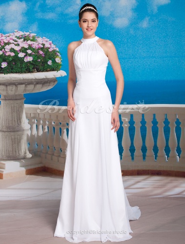 Sheath/ Column Chiffon Satin Watteau Train Halter Wedding Dress