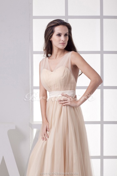 A-line V-neck Floor-length Sleeveless Tulle Dress