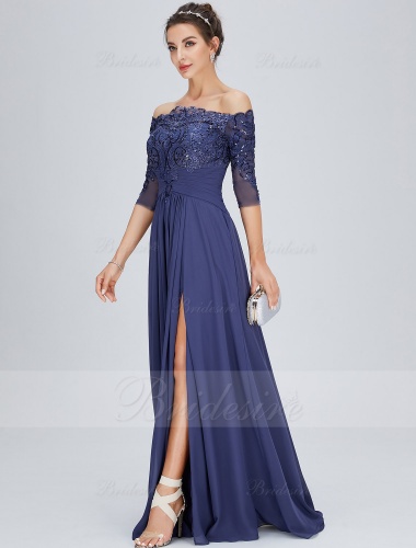 A-line Off-the-shoulder Floor-length Chiffon Mother of the Bride Dress with Split Front