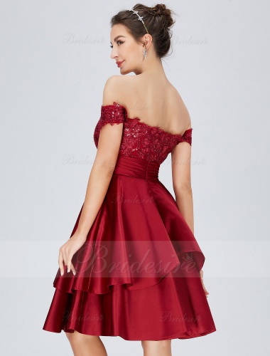 A-line Off-the-shoulder Knee-length Satin Homecoming Dress with Lace