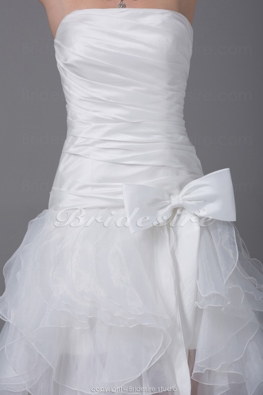 A-line Strapless Asymmetrical Sweep Train Sleeveless Taffeta Organza Wedding Dress
