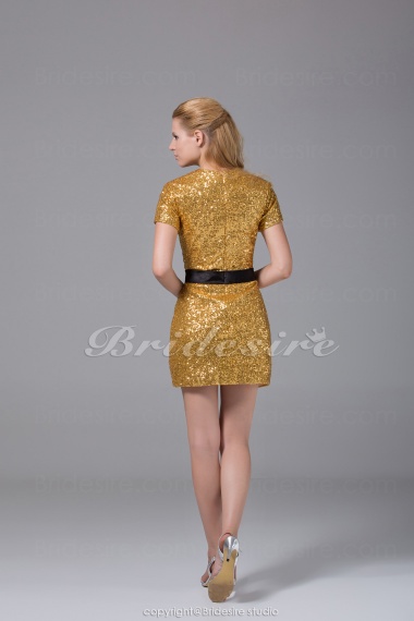 Sheath/Column Scoop Short/Mini Short Sleeve Sequined Satin Dress
