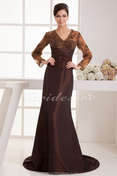 A-line V-neck Floor-length Sweep Train Long Sleeve Satin Mother of the Bride Dress