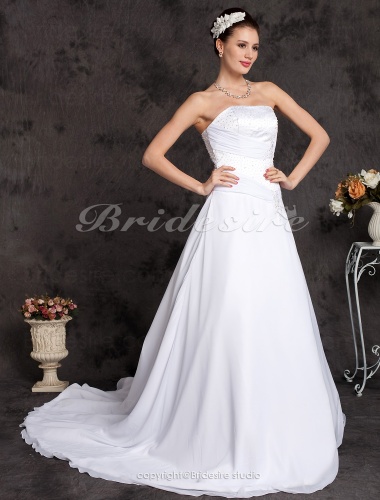 Ball Gown Chiffon Over Satin Cathedral Train Strapless Wedding Dress