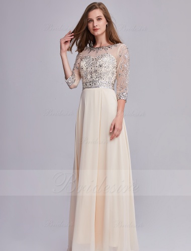 A-line Scoop 3/4 Length Sleeve Chiffon Prom Dress