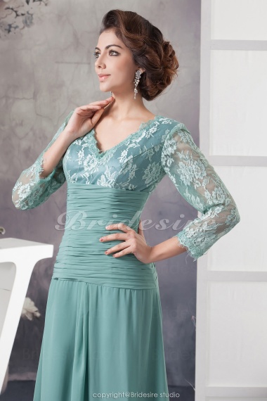 A-line V-neck Floor-length 3/4 Length Sleeve Chiffon Lace Mother of the Bride Dress