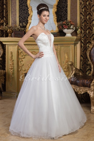 A-line Sweetheart Floor-length Sleeveless Satin Organza Wedding Dress
